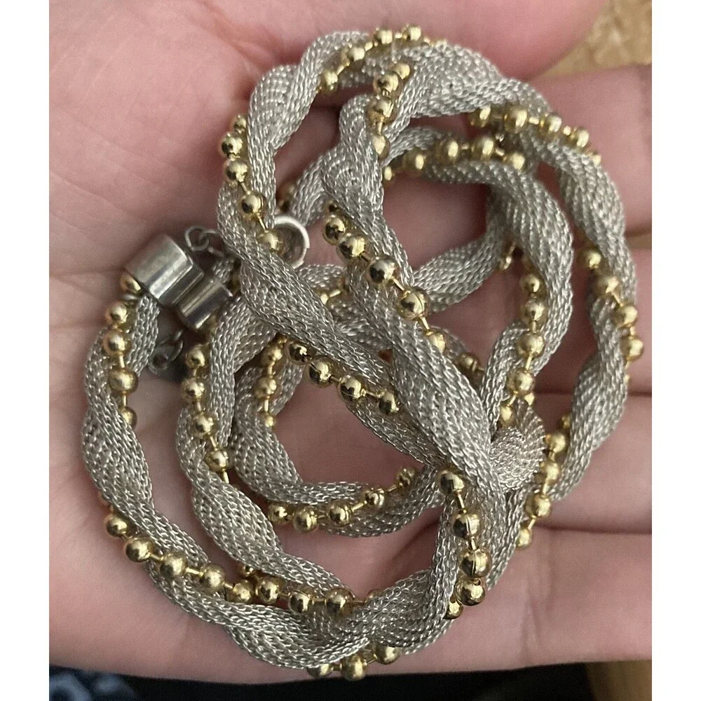 Vintage Silver Mesh Chain Twisted Gold Beaded Chain Collar Necklace Fancy
